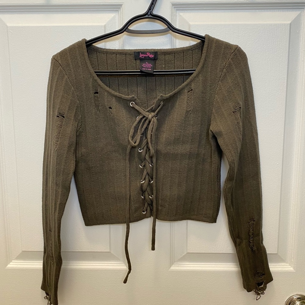 NWOT Olive Green Distressed Lace-up sweater Top
